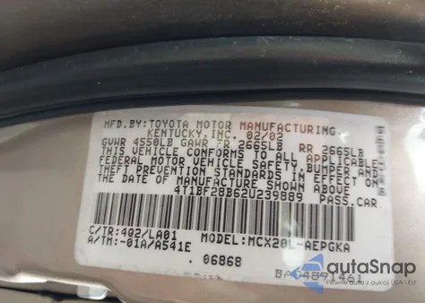 2002 Toyota Avalon Xls z USA, uszkodzony, nr VIN 4T1BF28B62U239889